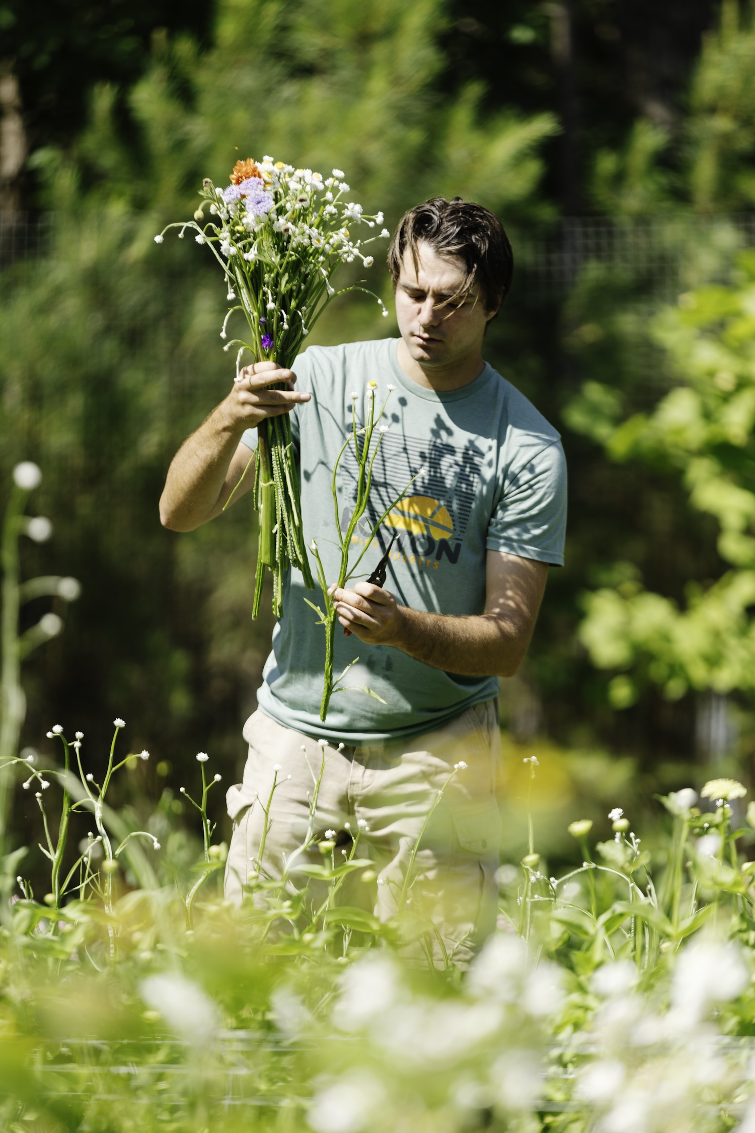 Photo of man holding bouquet of flowers in a field