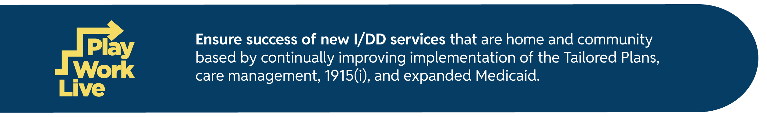 A blue banner with play, work, and live icons. Text states: "Ensure success of new I/DD services that are home and community based by continually improving implementation of the Tailored Plans, care management, 1915(i), and expanded Medicaid."